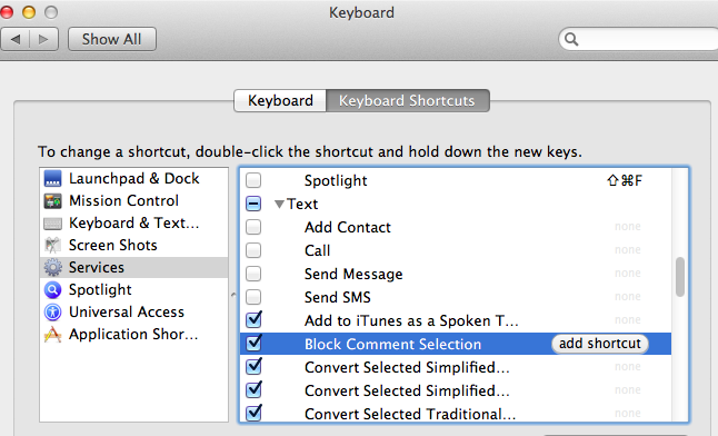 Configure o shortcut no Preferences